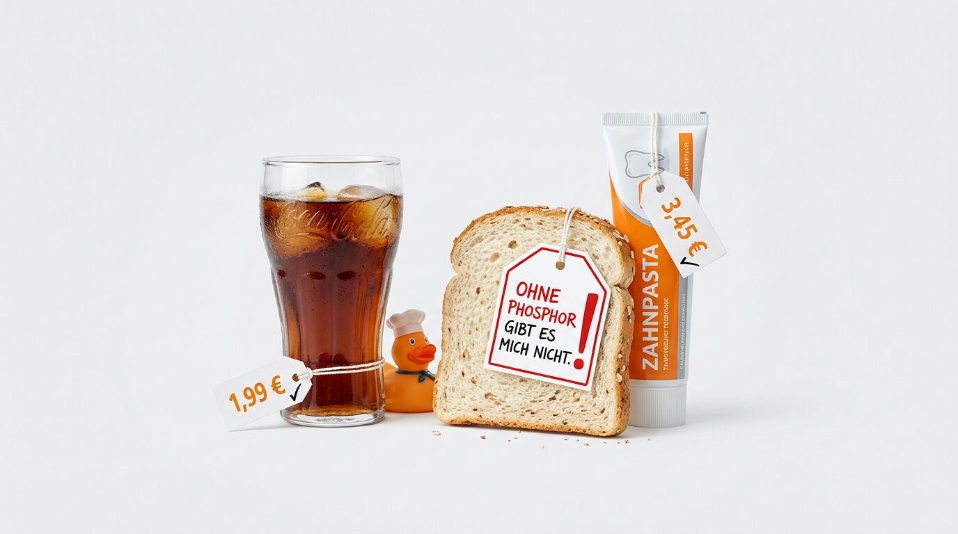 Ein Glas Cola, eine Scheibe Brot und eine Tube Zahnpasta mit Preisschildern und Text