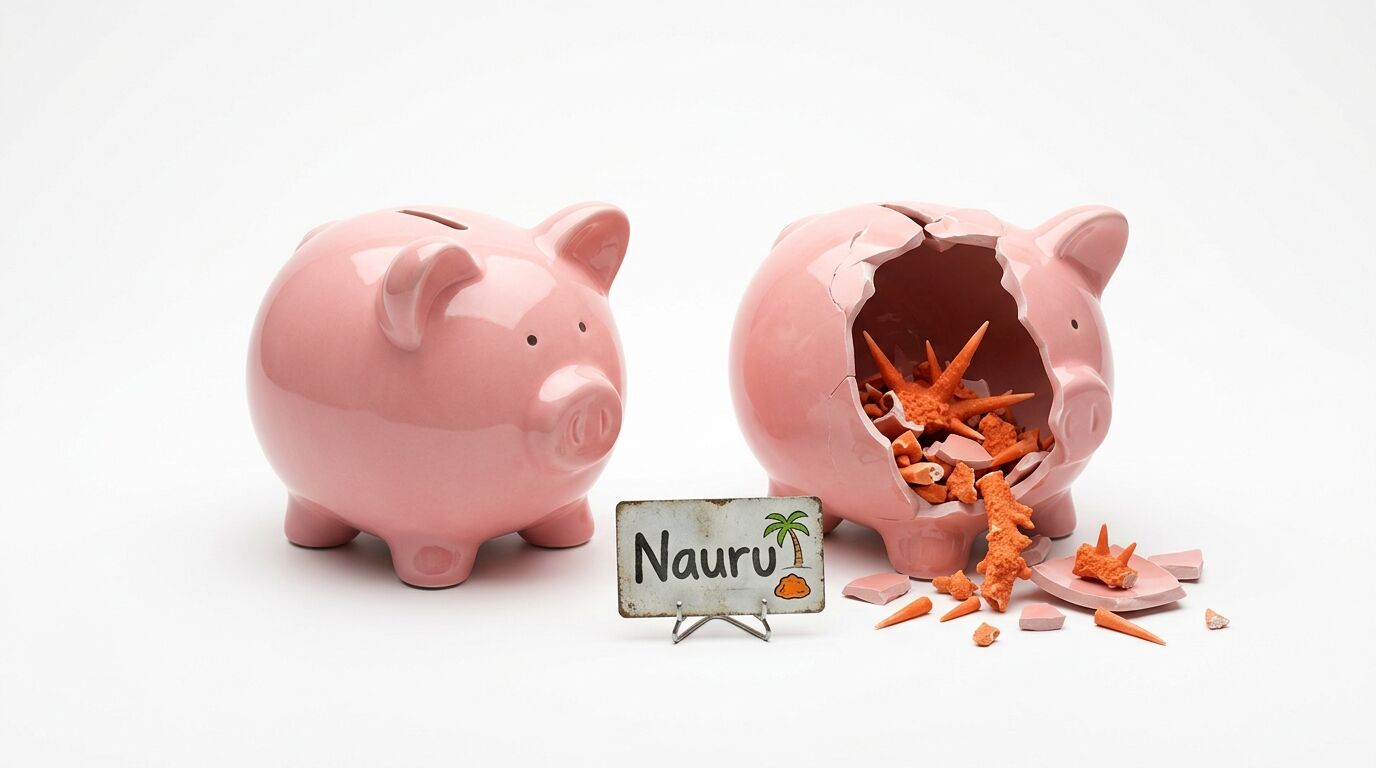 Ein heiles und ein kaputtes rosa Sparschwein, gefüllt mit Korallen, und ein Schild mit „Nauru“