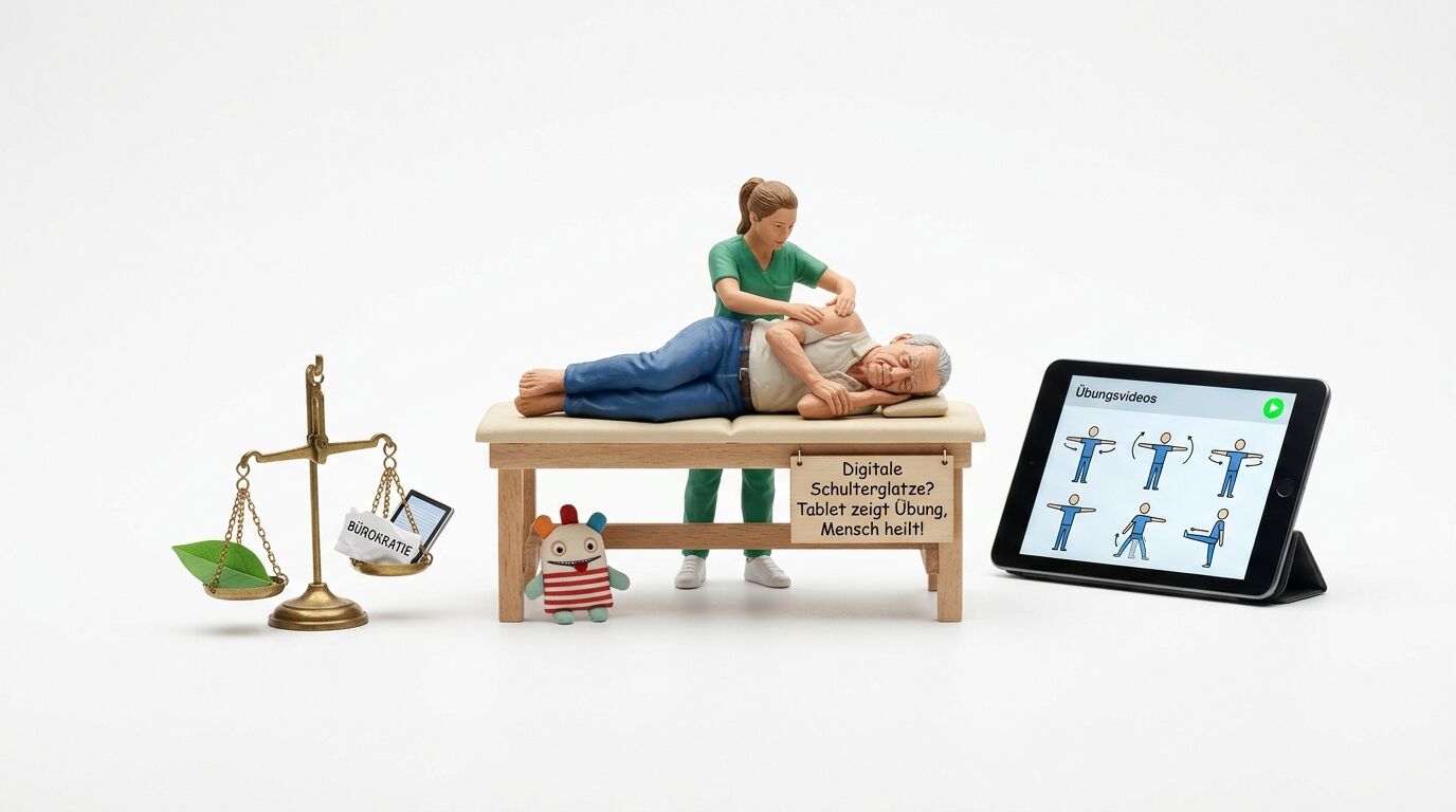Miniaturfiguren auf Massagebank mit Waage, Bürokratie-Schild, Kuscheltier und Tablet