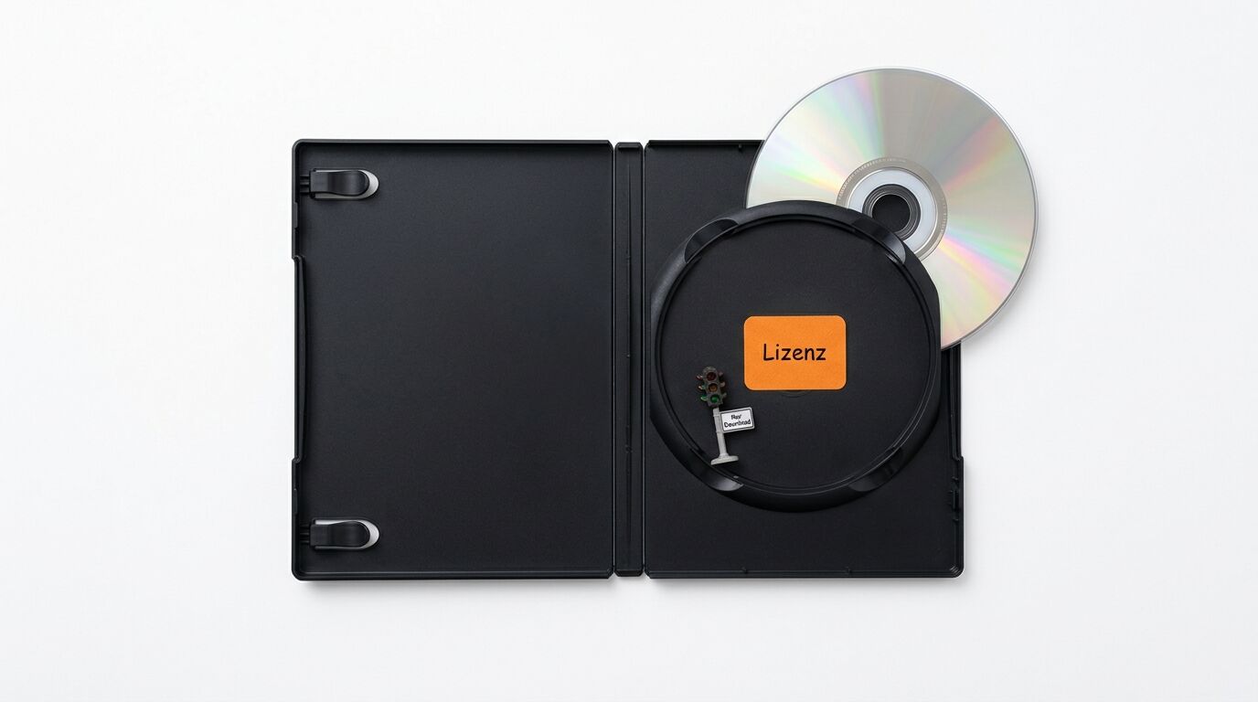 Offene DVD-Hülle mit CD, orangefarbenem Aufkleber „Lizenz“ und kleiner Ampel