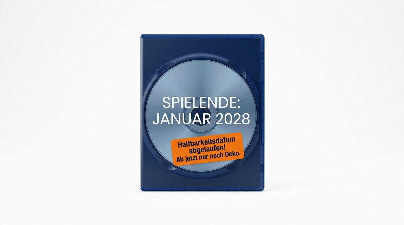 Blu-ray-Hülle mit Disc, Aufschrift „SPIELENDE: JANUAR 2028“ und orangefarbenem Aufkleber