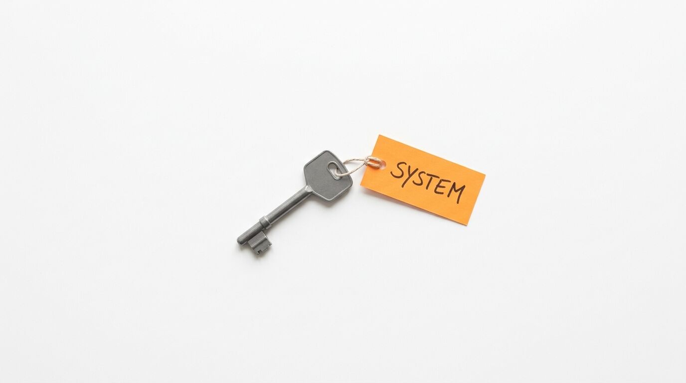 Silberner Schlüssel mit orangefarbenem Anhänger, beschriftet mit „SYSTEM“, auf weißem Hintergrund