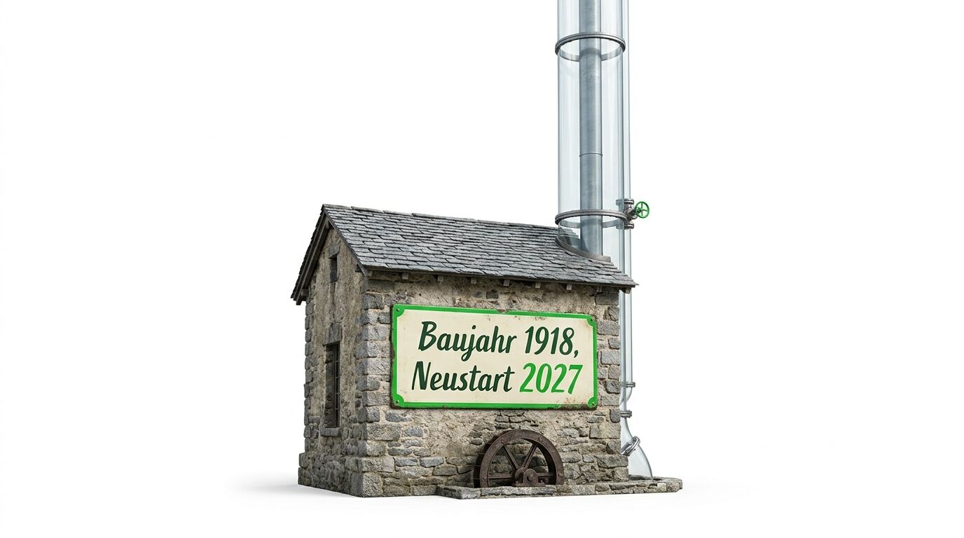Steinhaus mit Schild „Baujahr 1918, Neustart 2027“, Wasserrad und modernem Schornstein