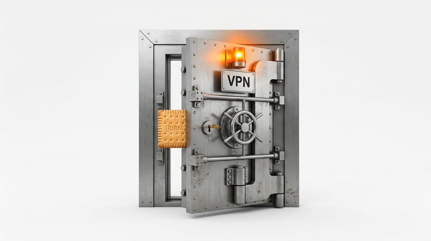 Offener Tresor mit „VPN“-Schild und Warnleuchte, davor ein Leibniz-Keks auf weißem Grund