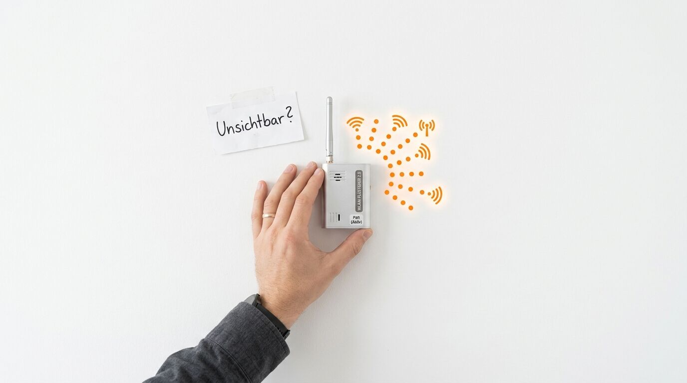 Hand hält graues Gerät mit Antenne an Wand, Zettel „Unsichtbar?“, orange Funksymbole