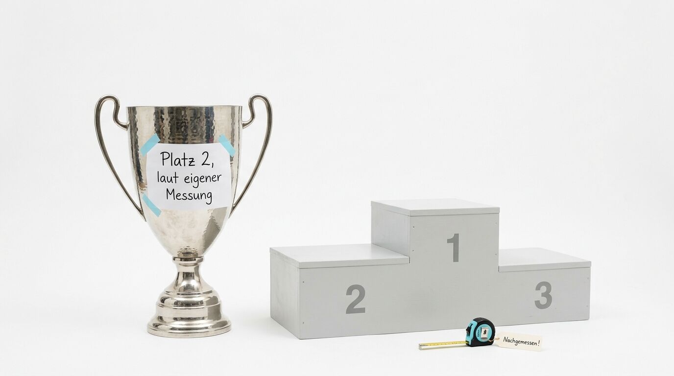 Silberpokal mit Zettel, Podest und Maßband auf weißem Grund