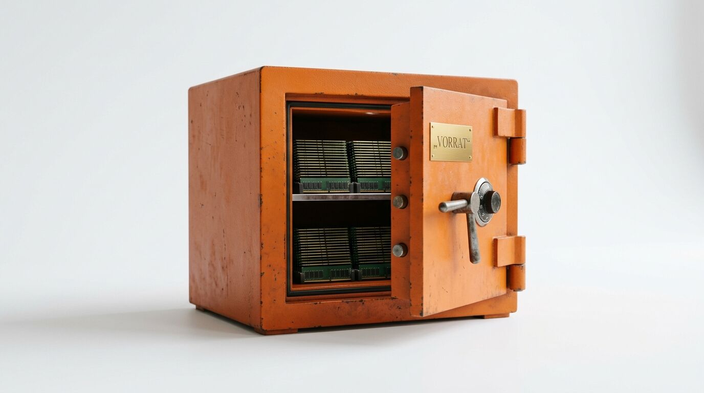Geöffneter oranger Safe mit gestapelten Computermodulen und Schild „VORRAT“, weißer Grund