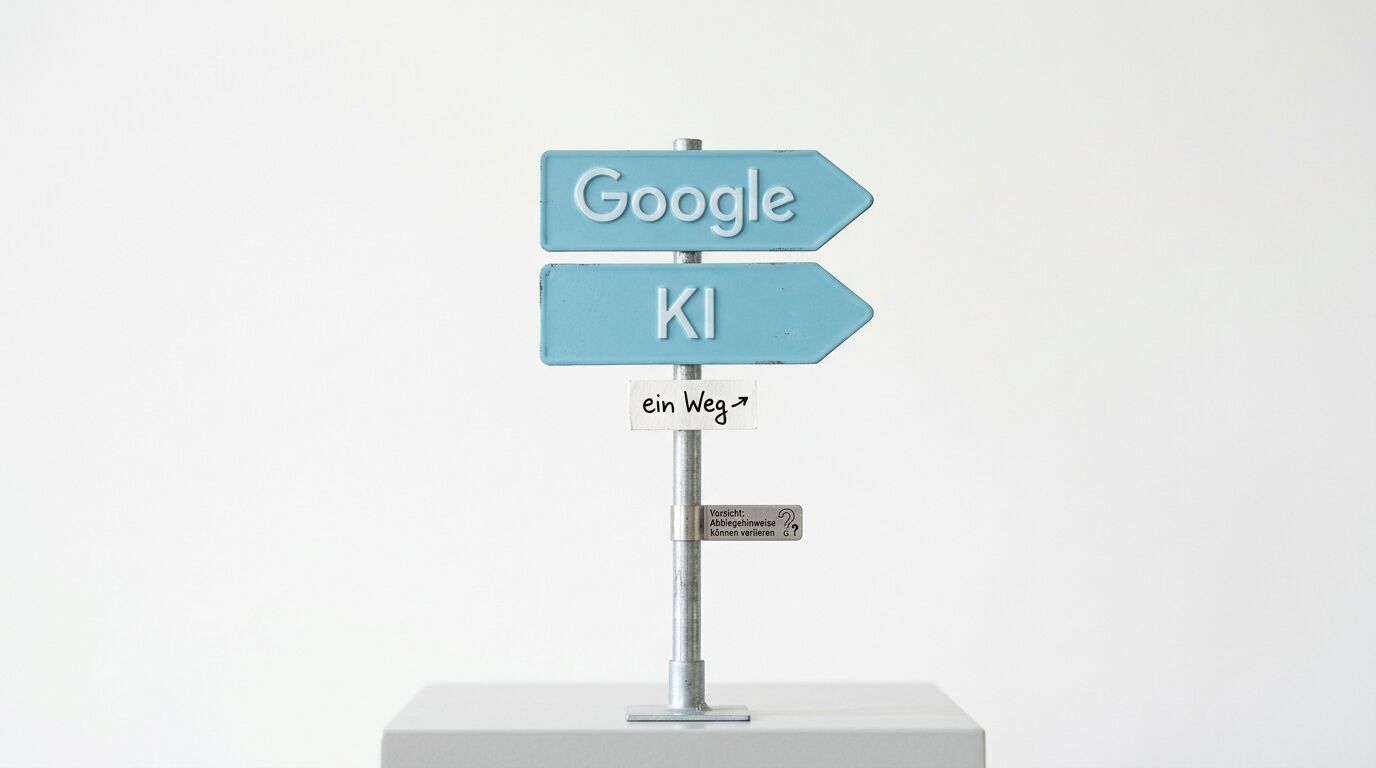 Modell-Wegweiser mit blauen Schildern, Aufschrift „Google“, „KI“ und „ein Weg“