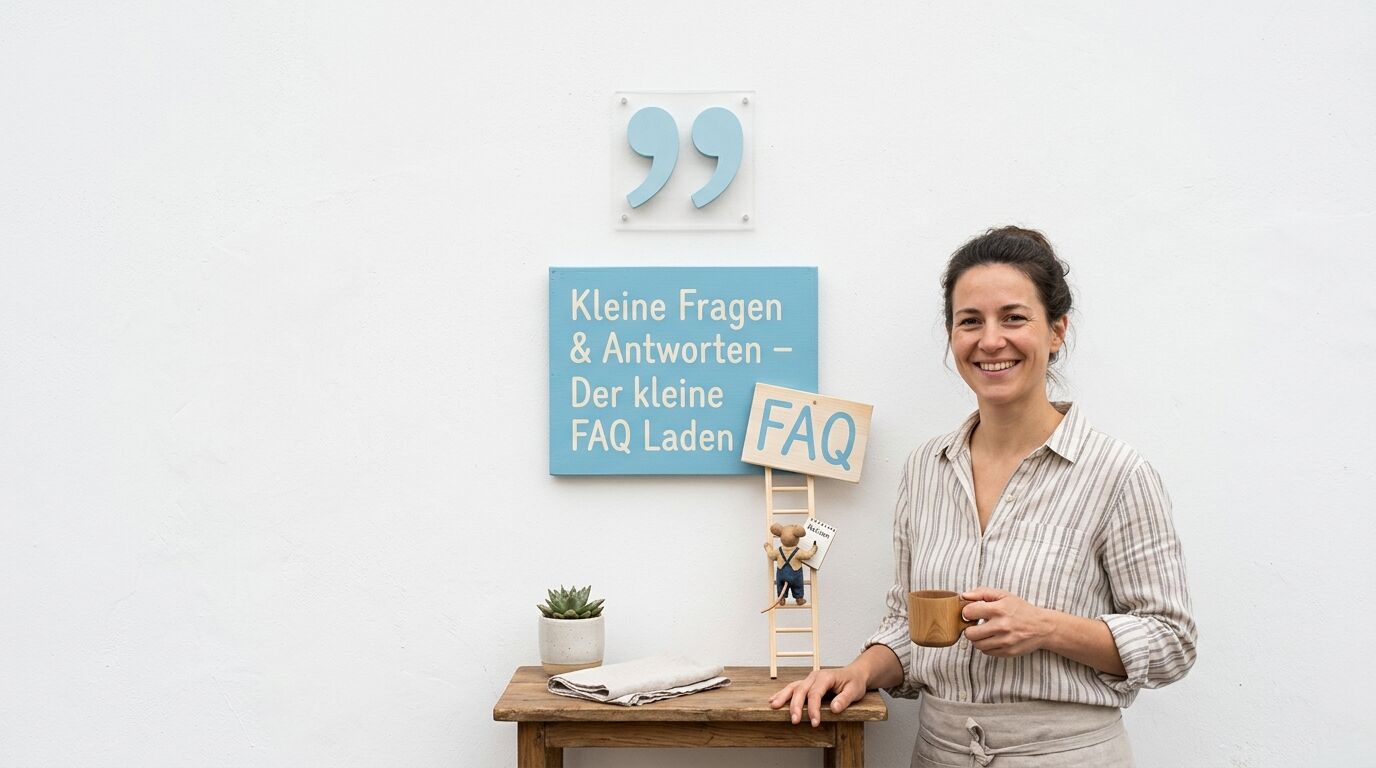 Lächelnde Frau mit Tasse neben Tisch mit Pflanze und Schildern mit „FAQ“-Schriftzug vor weißer Wand