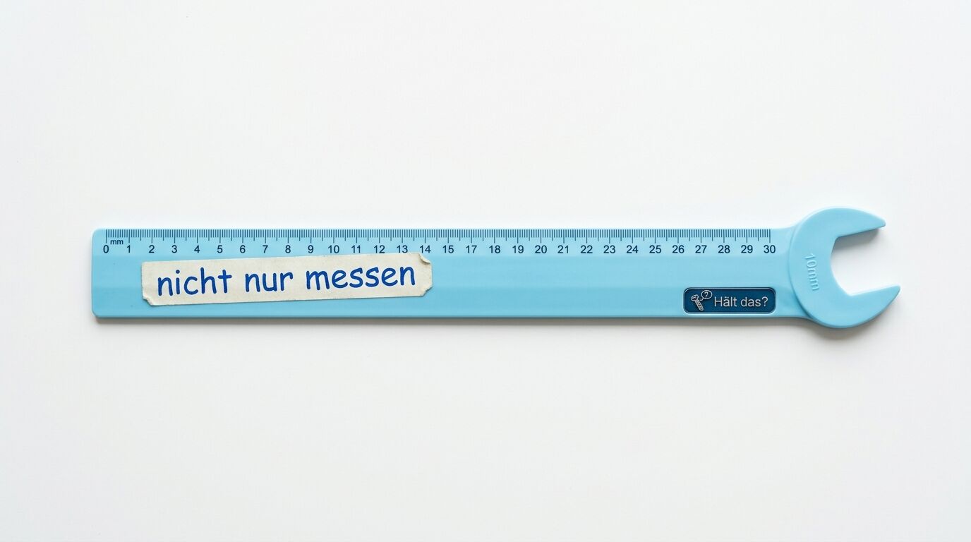 Ein hellblaues Kombi-Werkzeug aus Lineal und Gabelschlüssel liegt auf weißem Grund