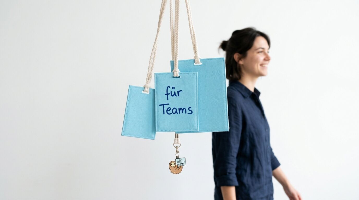 Drei hellblaue Taschen hängen an Kordeln, auf einer steht „für Teams“, rechts eine Frau