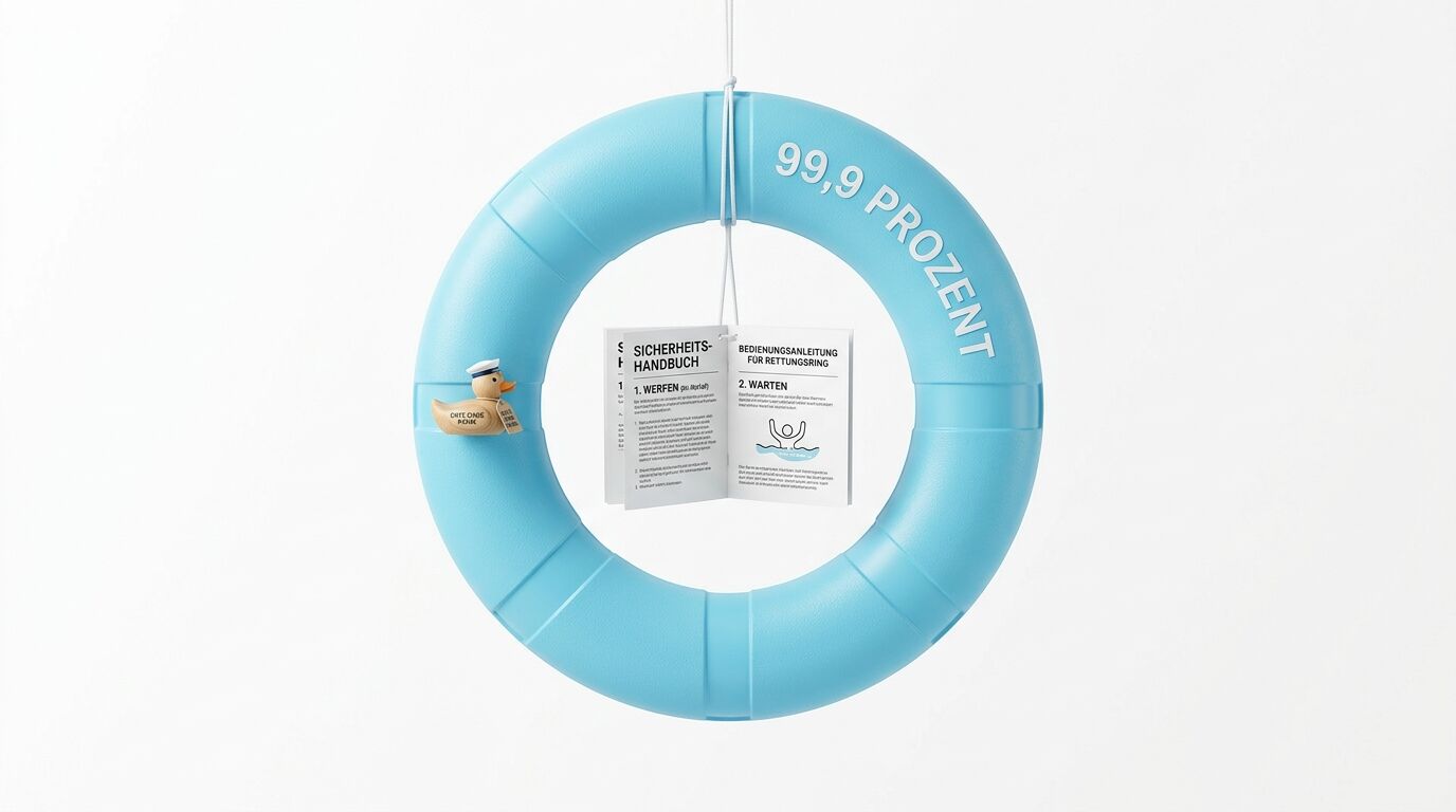 Blaue Schwimmhilfe mit Text, Badeente und befestigtem Miniaturhandbuch vor weißem Hintergrund