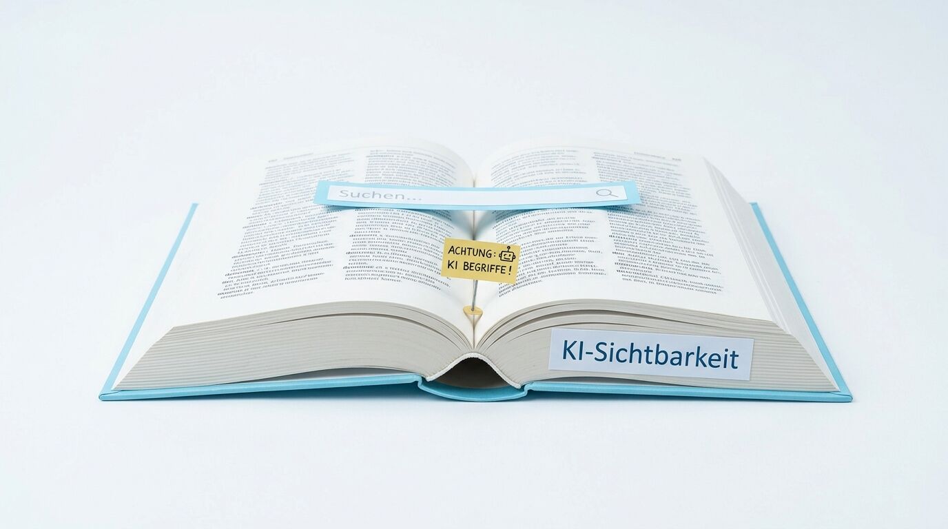 Offenes Buch mit Suchleiste, Warnhinweis zu KI-Begriffen und Schild „KI-Sichtbarkeit“