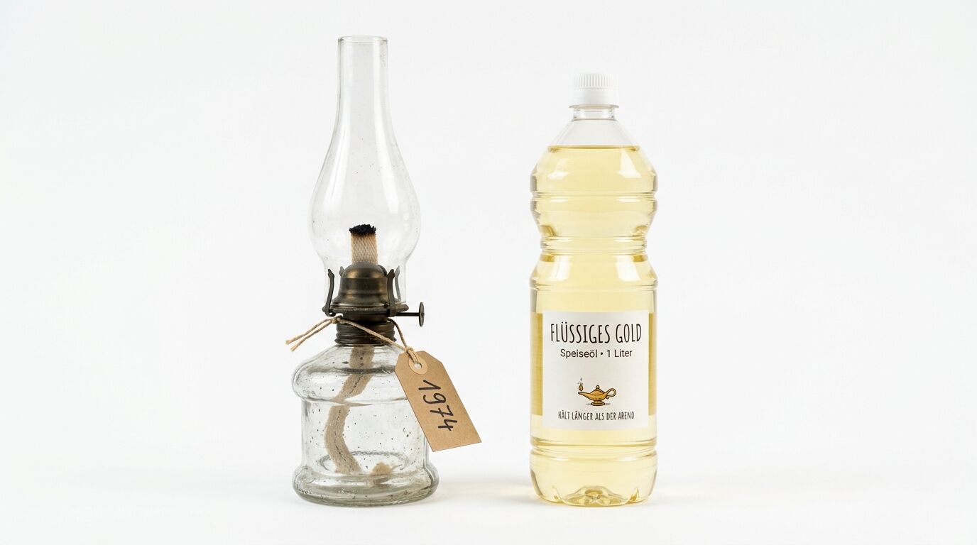 Alte Petroleumlampe mit Etikett neben Plastikflasche Speiseöl