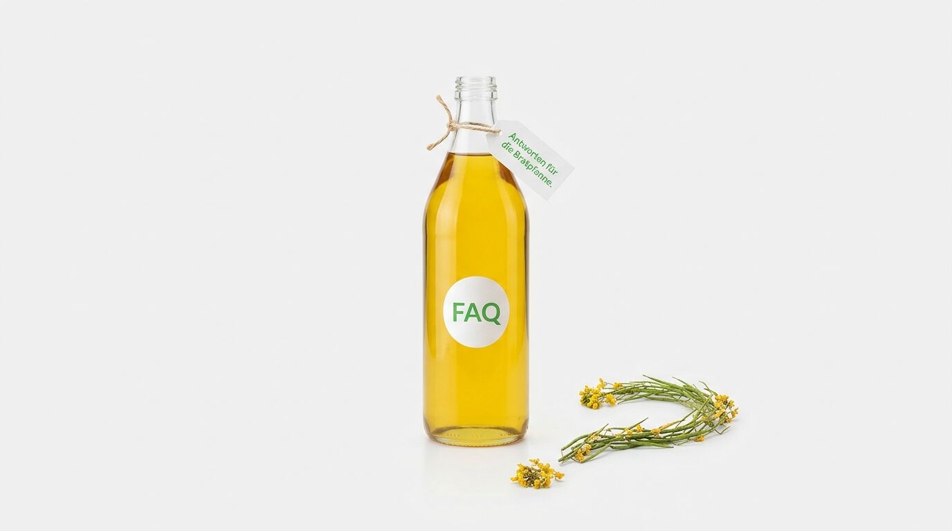 Eine Ölflasche mit dem Etikett „FAQ“ und Rapspflanzen auf weißem Grund