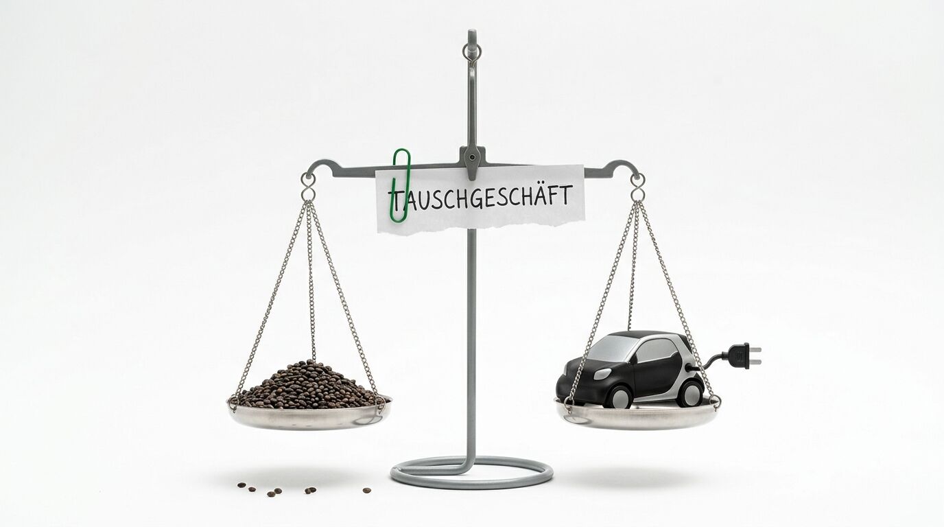Waage mit Kaffeebohnen links, E-Auto-Modell rechts; Schild: 