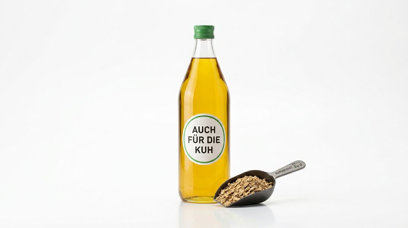 Glasflasche mit goldgelbem Öl und grünem Deckel, rechts eine gefüllte Metallschaufel