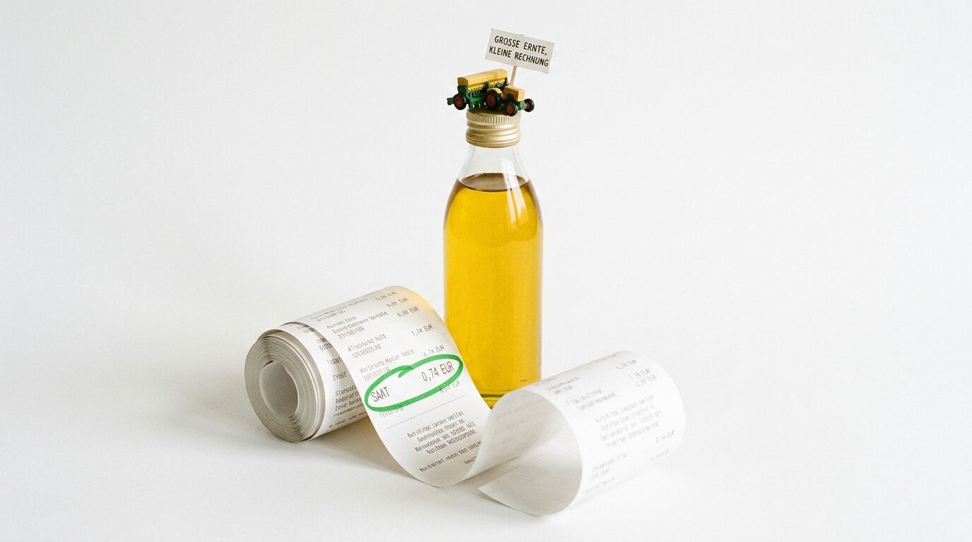 Ölflasche mit Mini-Traktor und Schild auf Kassenbonrolle
