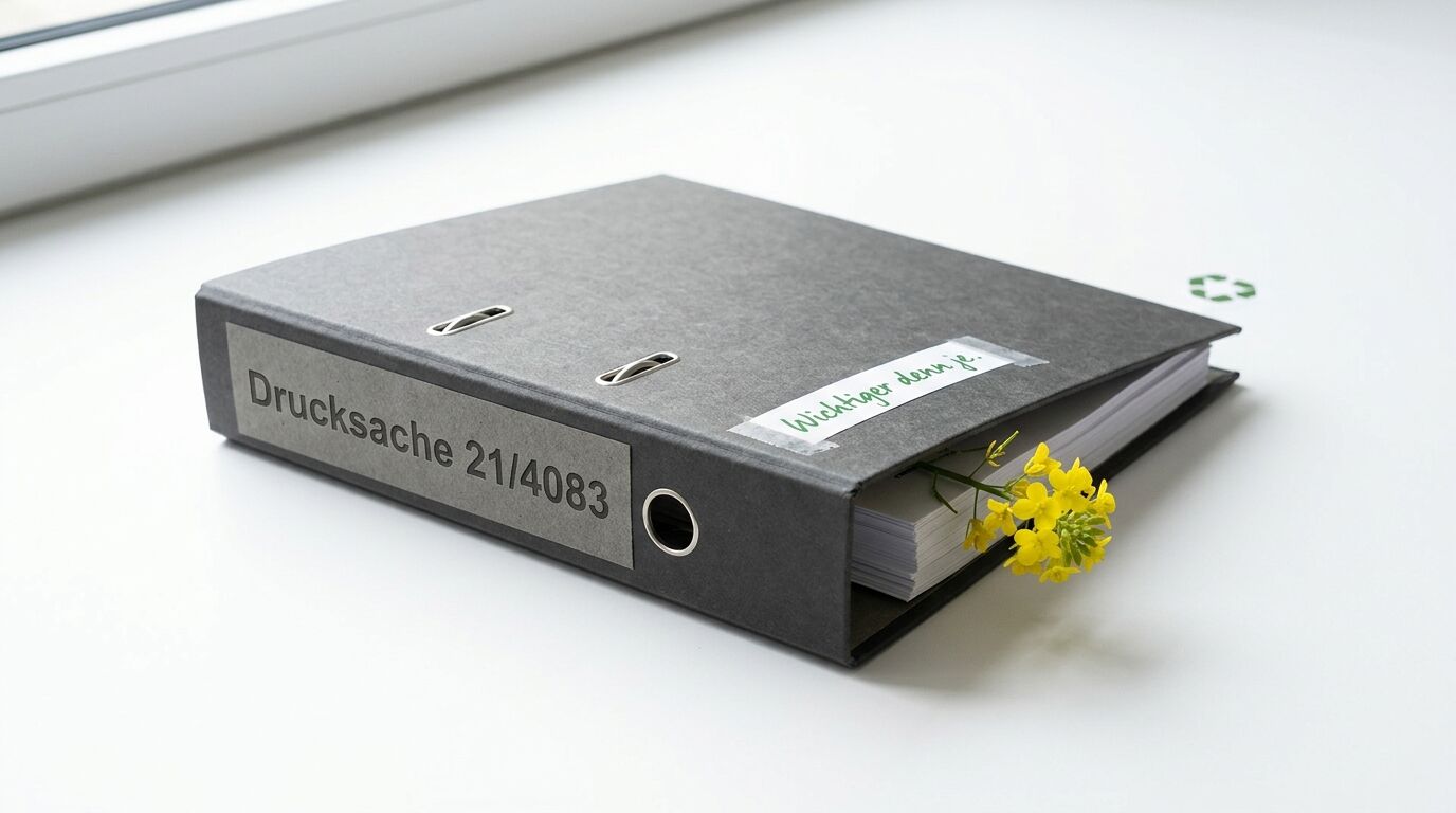 Grauer Ordner mit Aufschriften, eingelegter Rapsblüte und Recycling-Symbol daneben