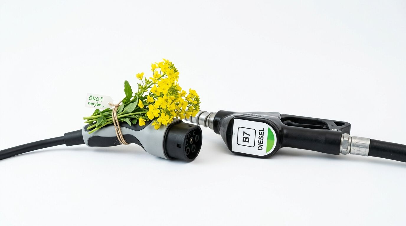 E-Auto-Ladestecker mit Raps und Dieseltankpistole auf weißem Grund
