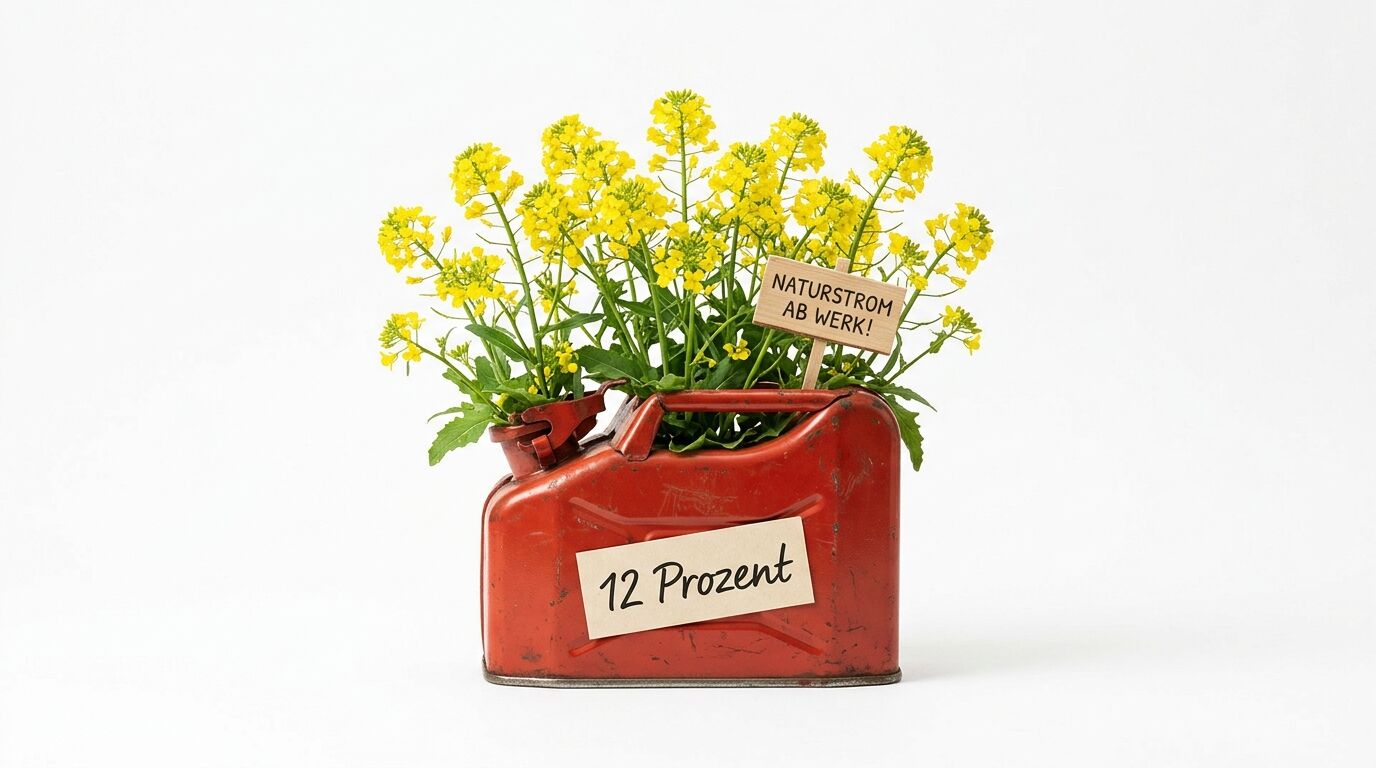 Rapsblumen wachsen aus einem roten Kanister mit der Aufschrift „12 Prozent“ und „Naturstrom“