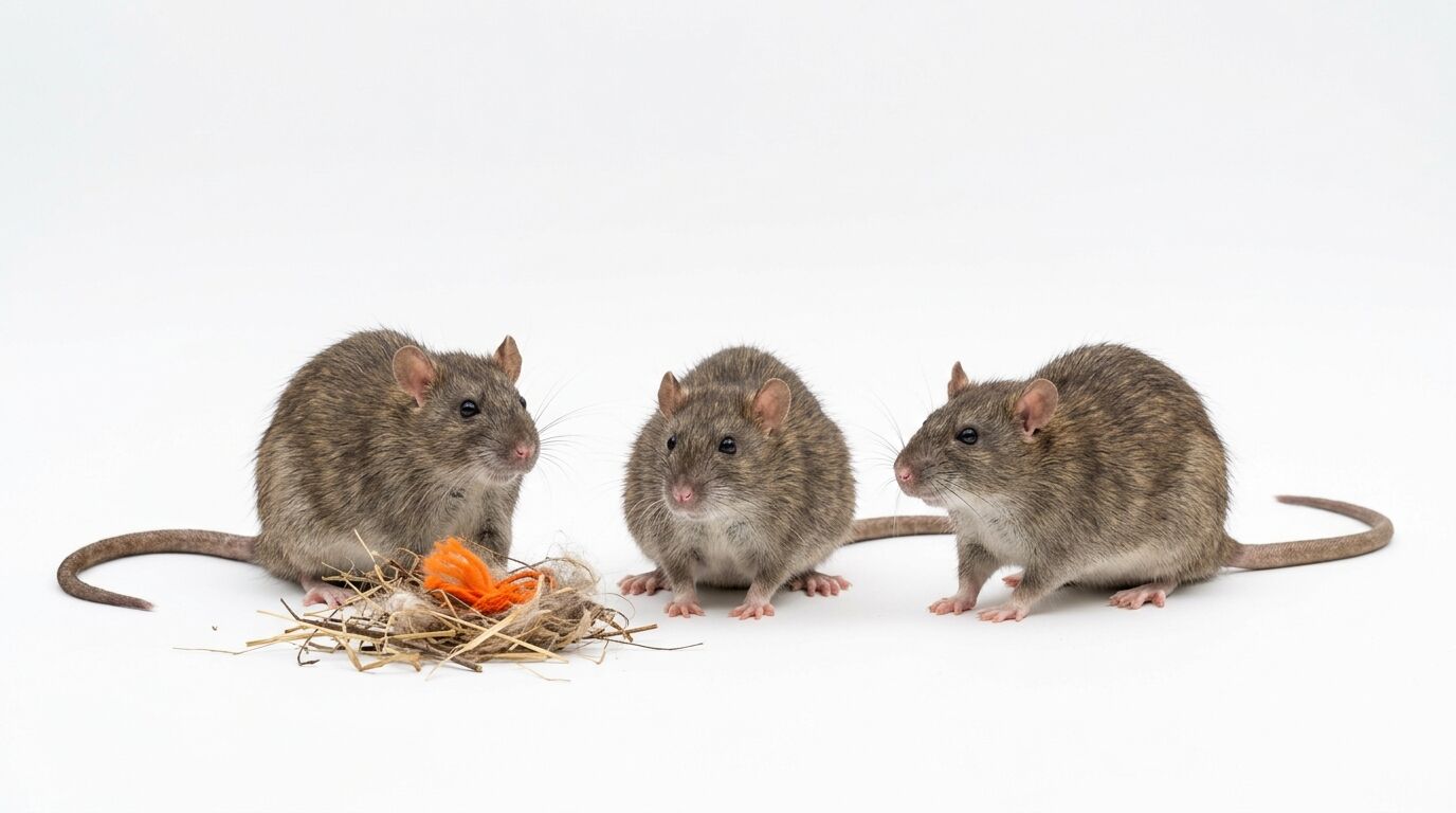 Drei Ratten stehen nebeneinander auf weißem Grund; links ein kleines Nest
