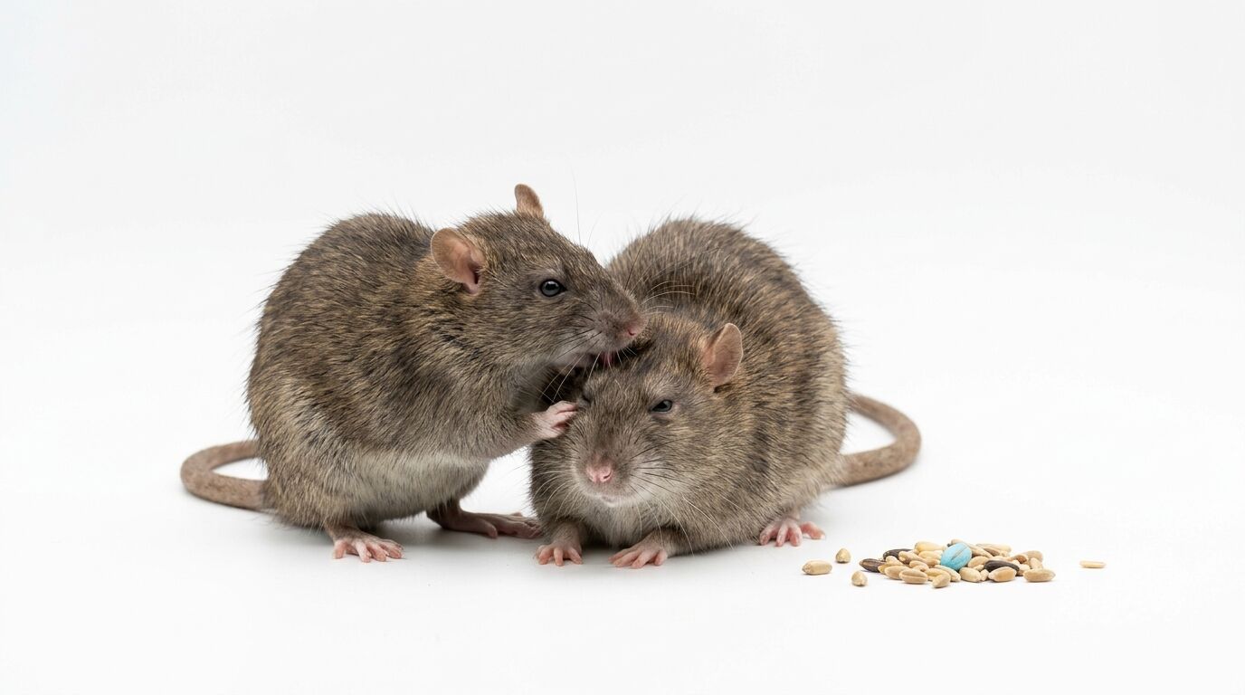 Zwei braune Ratten auf weißem Grund; eine putzt die andere. Daneben Futter mit blauer Pille