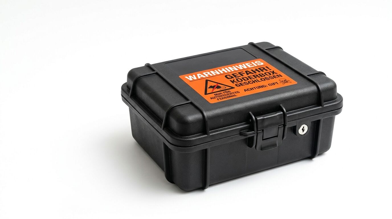 Schwarzer Kunststoffkoffer mit orangefarbenem Warnhinweis „GEFAHR! KÖDERBOX GESCHLOSSEN“