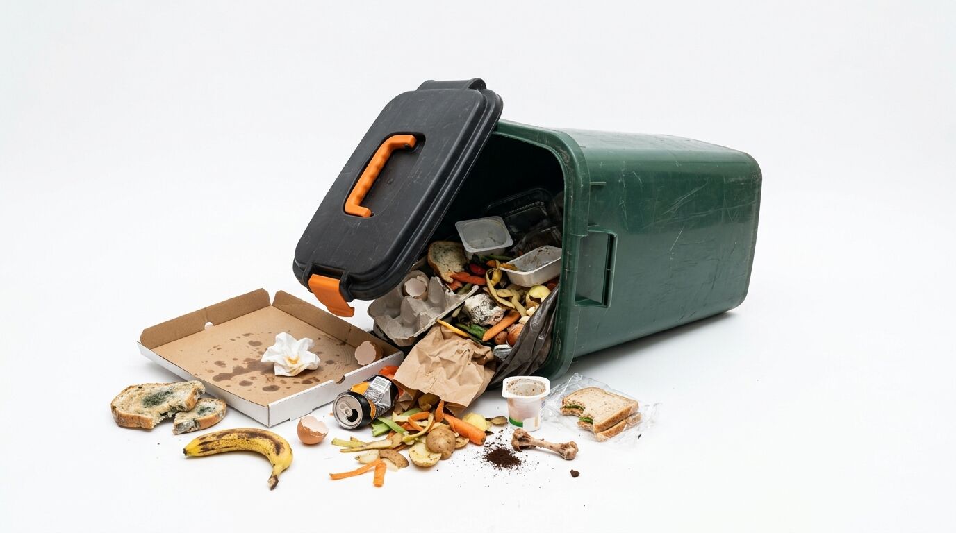 Umgekippte grüne Bio-Tonne vor weißem Hintergrund, aus der Lebensmittelabfälle quellen