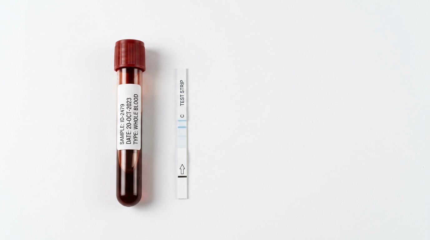 Blutproberöhrchen und Schnellteststreifen liegen parallel nebeneinander auf weißem Grund