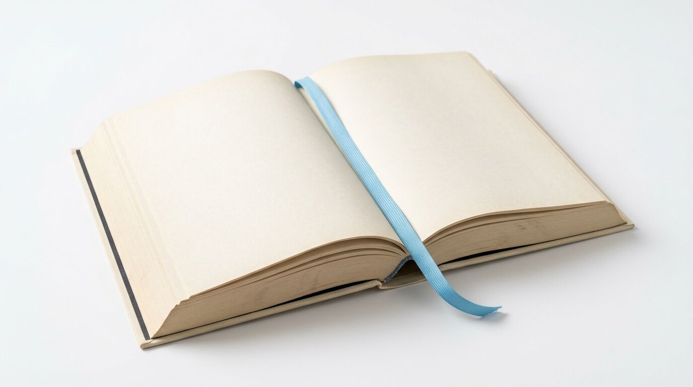 Ein aufgeschlagenes, leeres Buch mit cremefarbenen Seiten und hellblauem Leseband auf weißem Grund