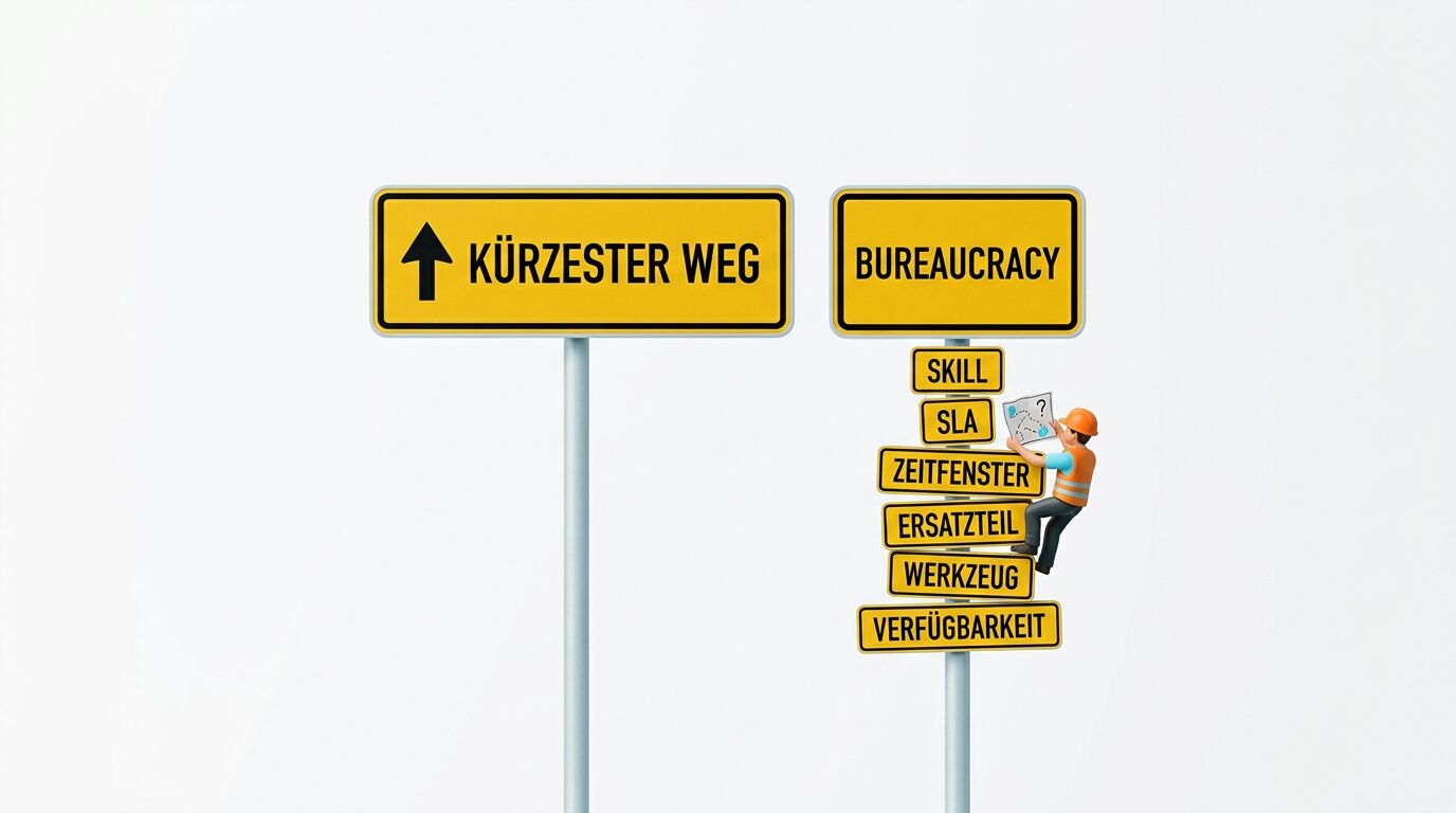 Zwei gelbe Wegweiser; links „KÜRZESTER WEG“, rechts „BUREAUCRACY“ mit einer Kletterfigur und Begriffen