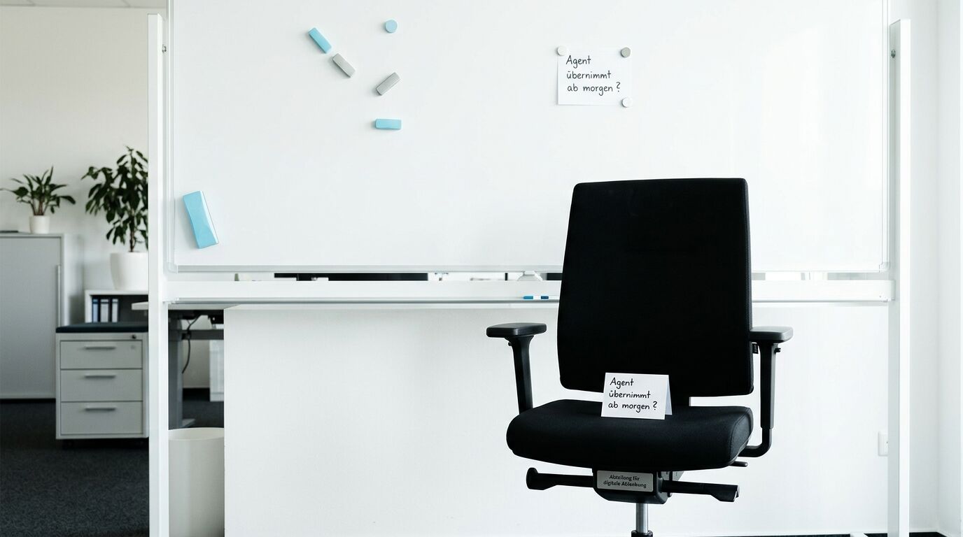 Bürostuhl mit Zettel „Agent übernimmt ab morgen?“ und Whiteboard