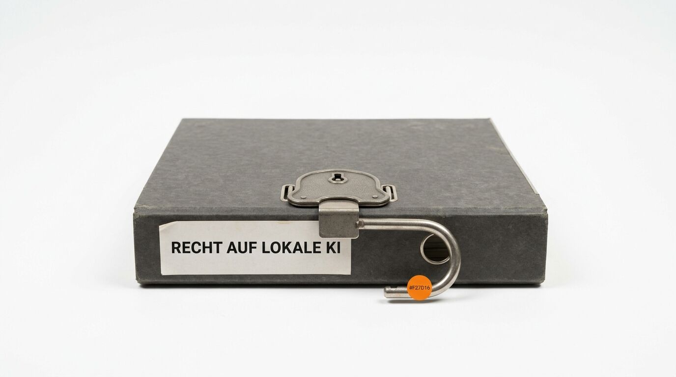 Grauer Aktenordner mit Schild „RECHT AUF LOKALE KI“, Schloss und Ringbuchmechanik