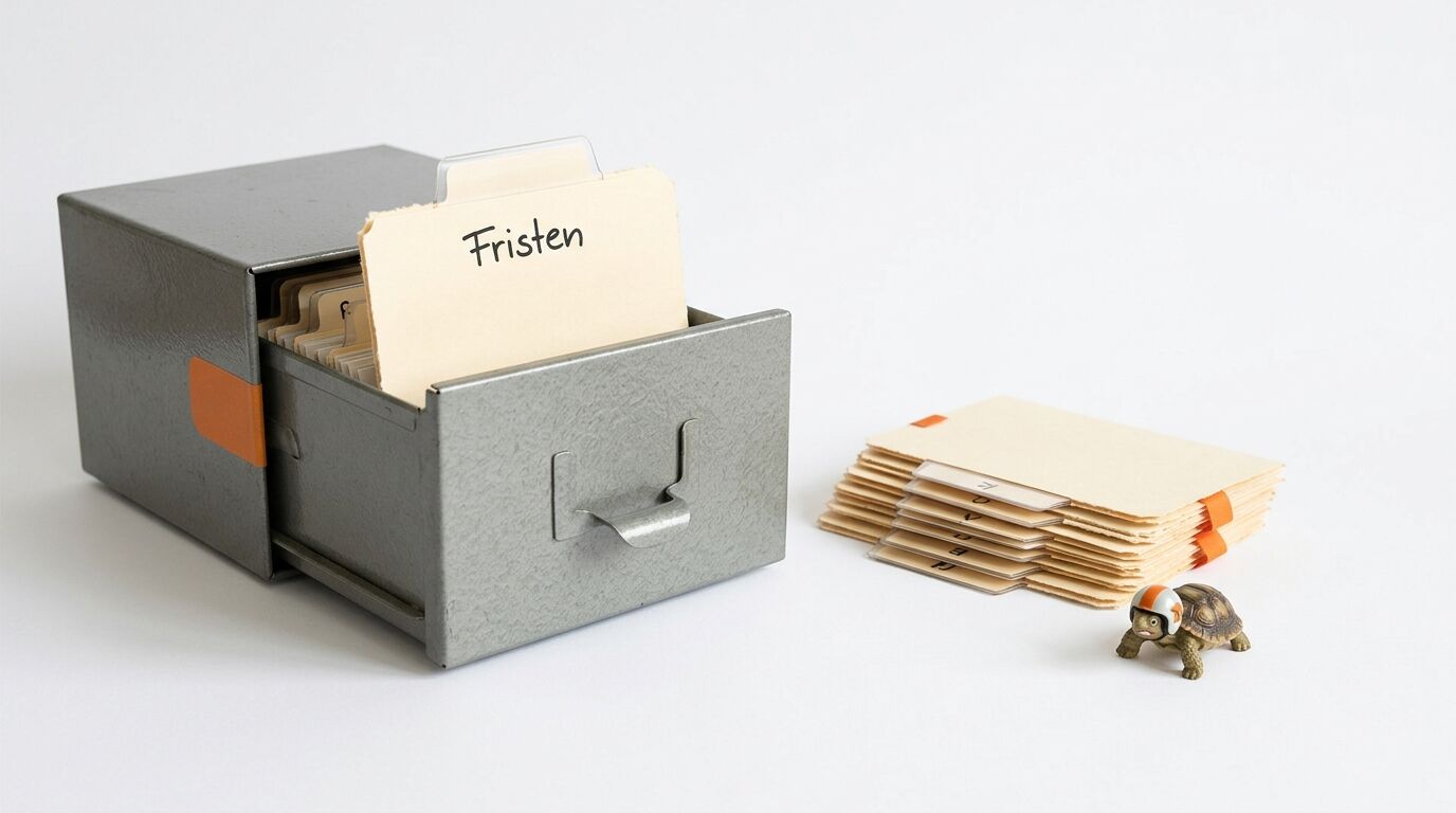 Offener Karteikasten mit Karte „Fristen“, daneben Stapel und Spielzeugschildkröte mit Helm