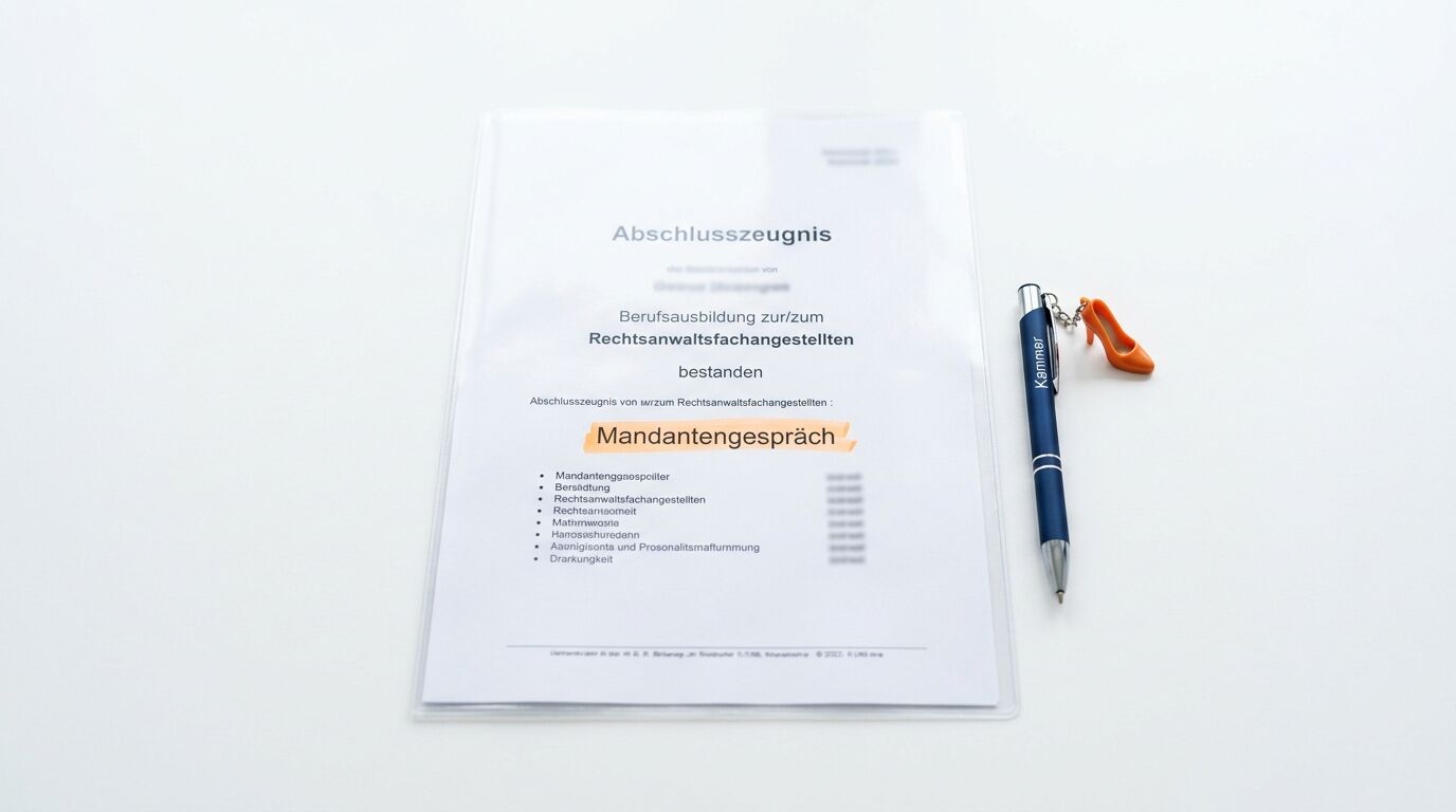 Abschlusszeugnis in Hülle mit Stift und orangefarbenem Anhänger auf weißer Fläche
