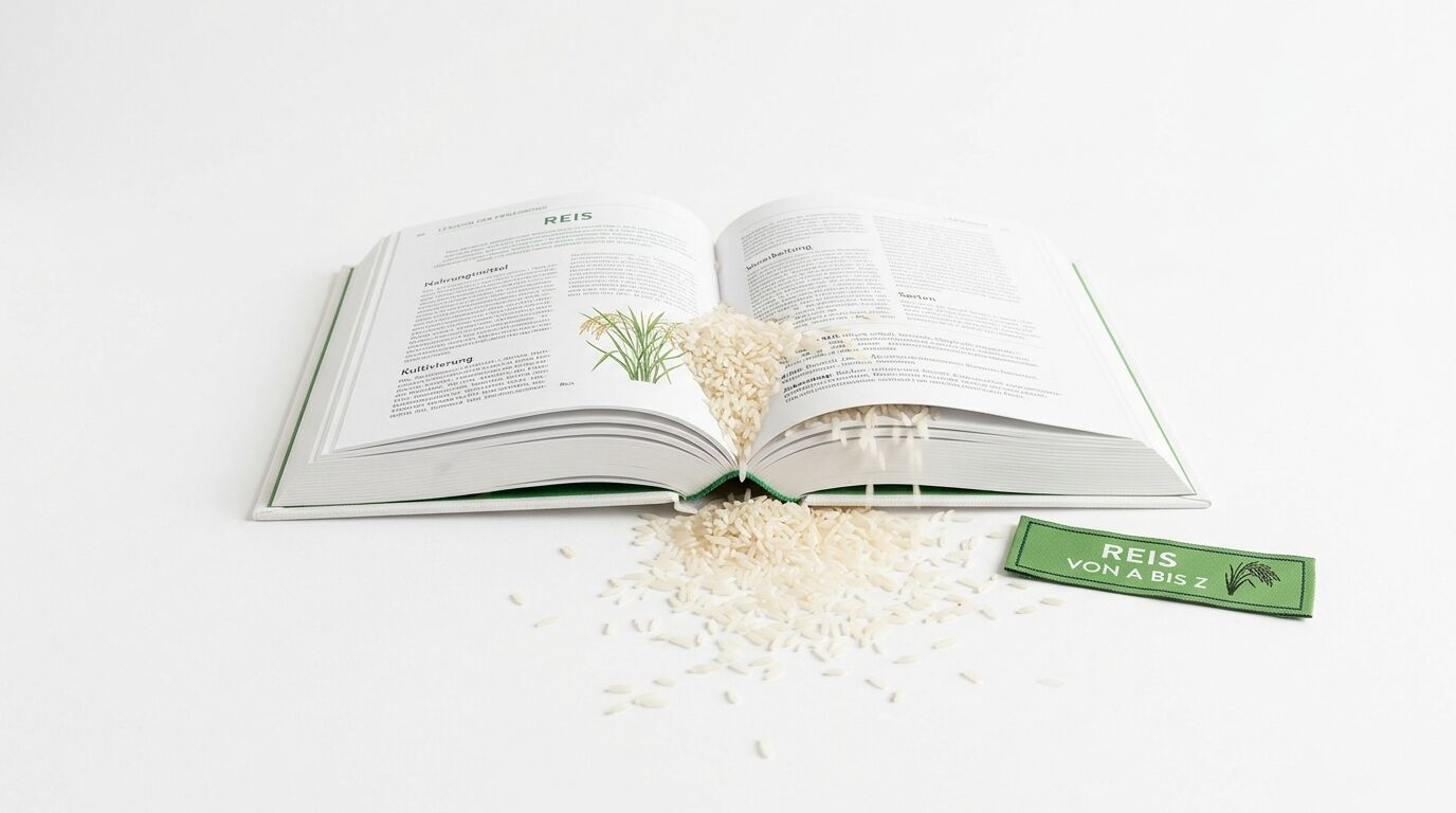 Aufgeschlagenes Buch über Reis mit Reiskörnern und einem grünen Etikett auf weißem Grund