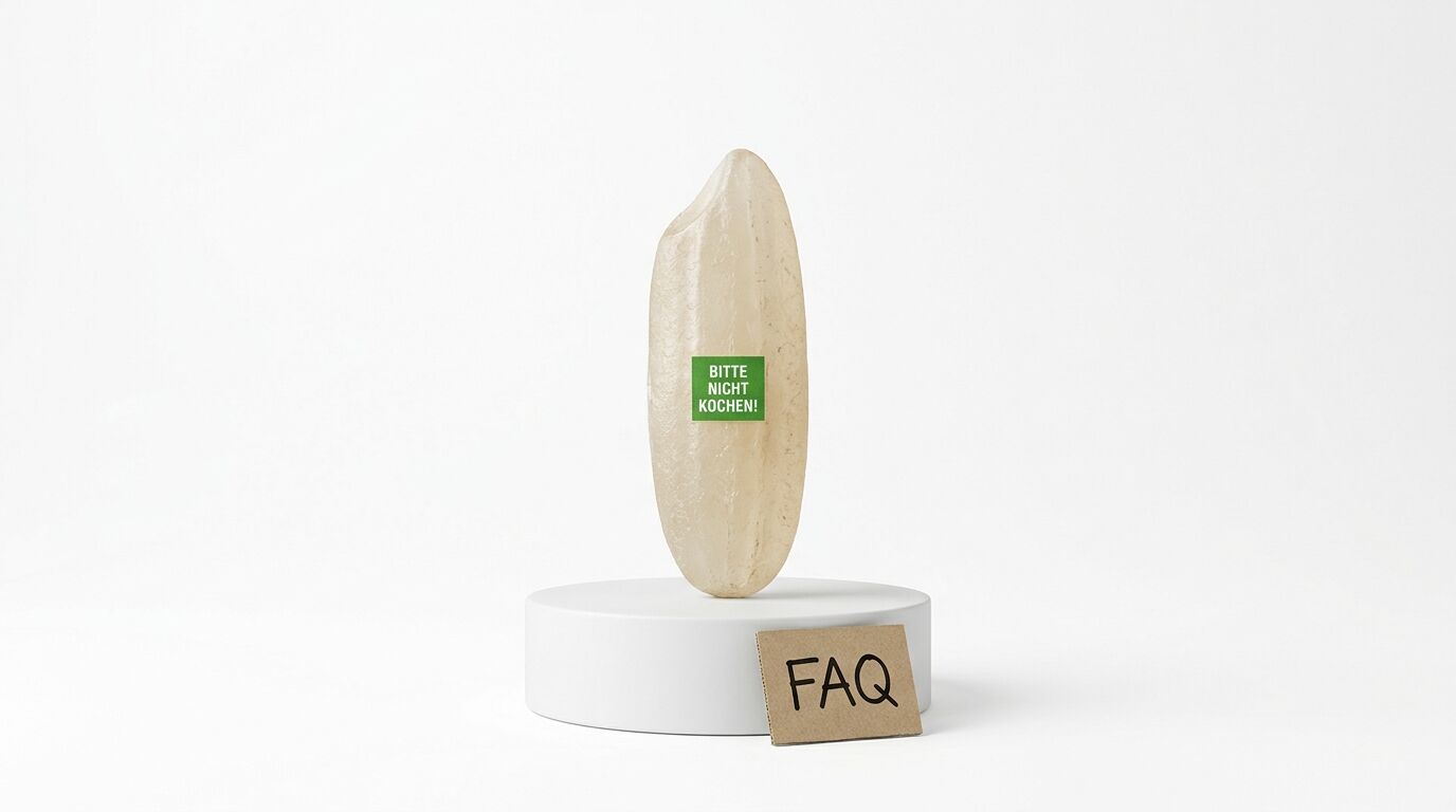 Reiskorn mit „BITTE NICHT KOCHEN!“-Aufkleber auf weißem Sockel neben einem FAQ-Schild