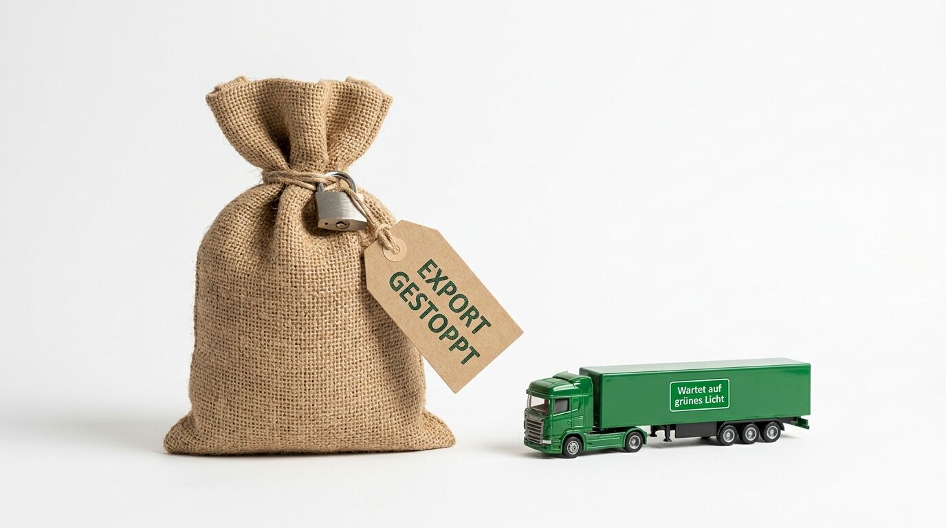 Verschlossener Jutesack mit „EXPORT GESTOPPT“-Schild neben Spielzeug-LKW auf weißem Grund
