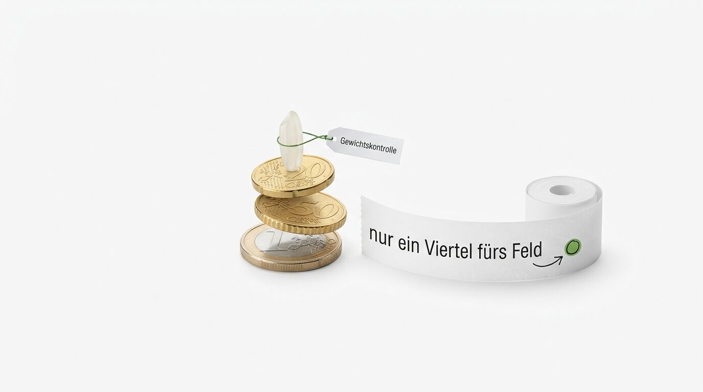 Aufgestapelte Euromünzen mit einem Reiskorn und daneben ein Papierstreifen mit Aufschrift
