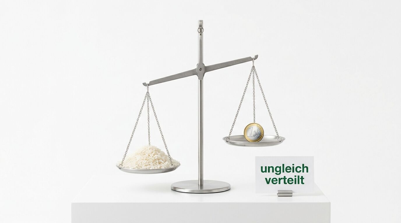 Eine Waage, die links Reis und rechts eine Euro-Münze wiegt, mit einem Schild