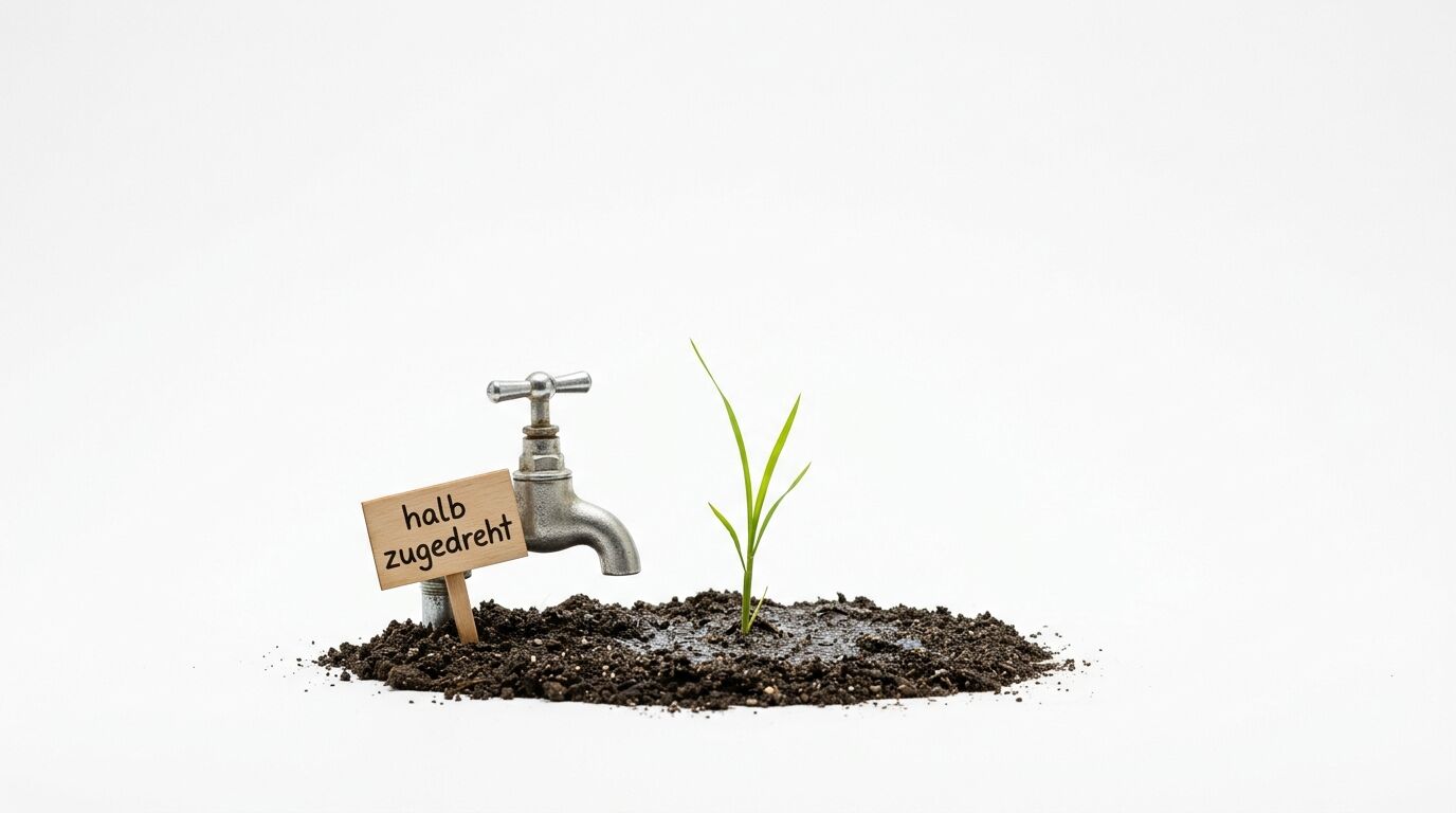 Ein Wasserhahn, ein Schild mit der Aufschrift „halb zugedreht“ und eine Pflanze auf Erde