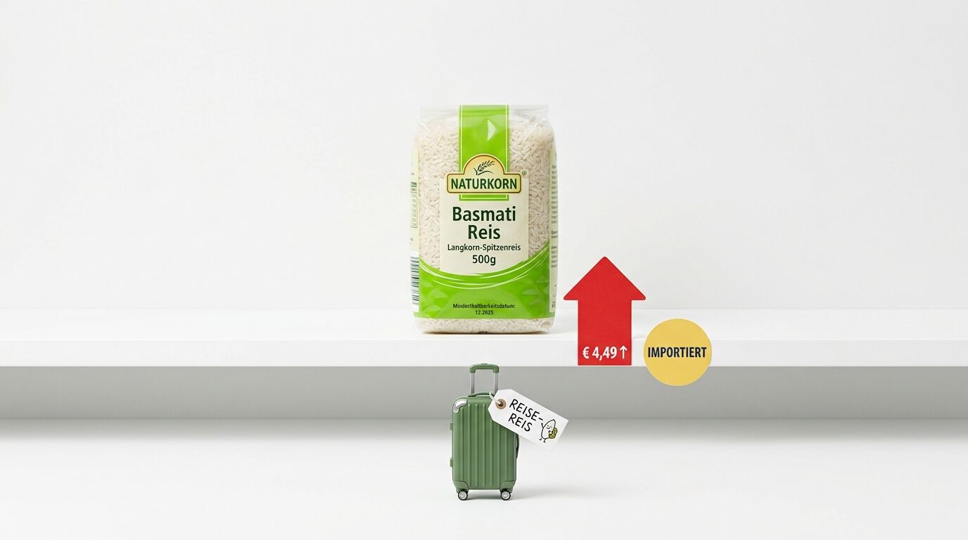 Naturkorn-Reis, ein Koffer mit Anhänger