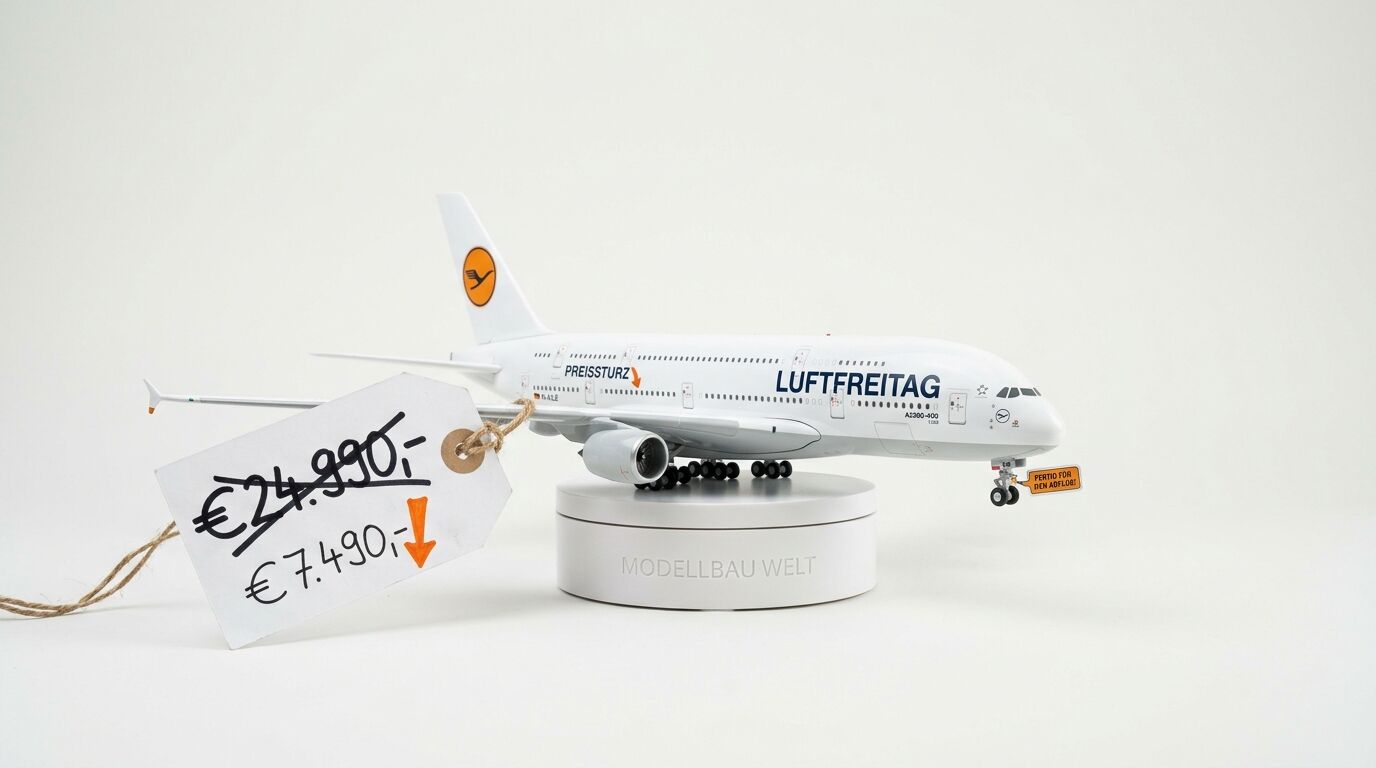 Ein Modellflugzeug auf Sockel neben einem Preisschild mit stark reduzierten Preisen
