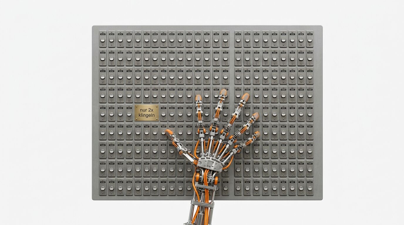 Roboterhand auf grauer Platte mit Klingelknöpfen und Schild „nur 2x klingeln“ vor weißem Grund