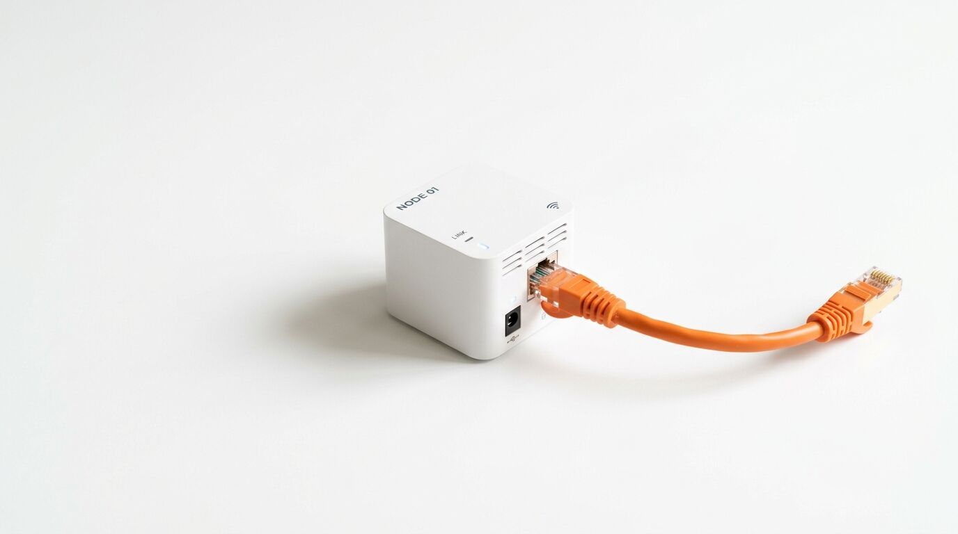 Weißes Mesh-Node-Gerät mit angeschlossenem orangefarbenem Ethernet-Kabel auf weißem Hintergrund