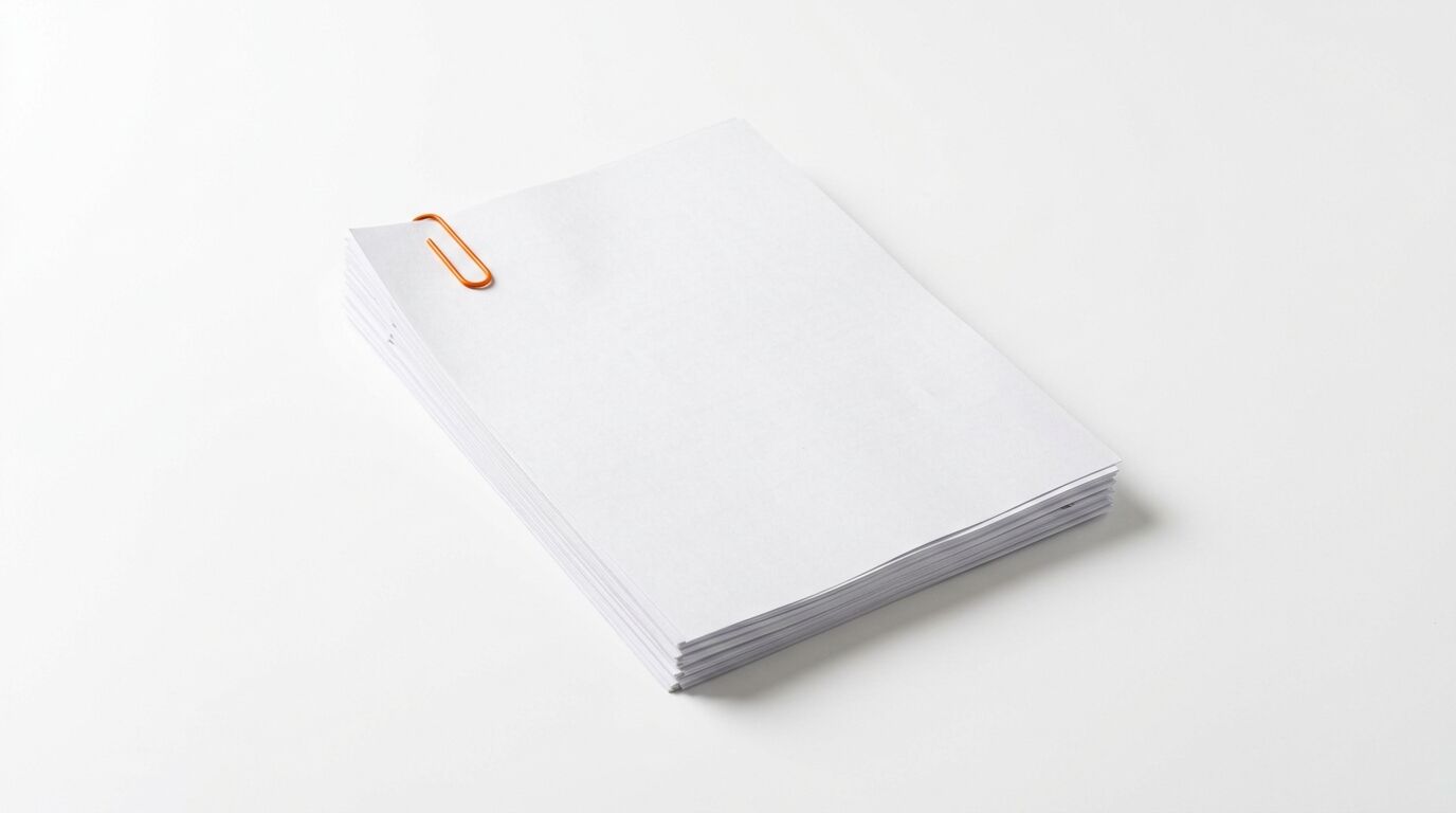 Ein Stapel unbeschriebenes weißes Papier, zusammengehalten von einer orangefarbenen Büroklammer, auf weißem Hintergrund