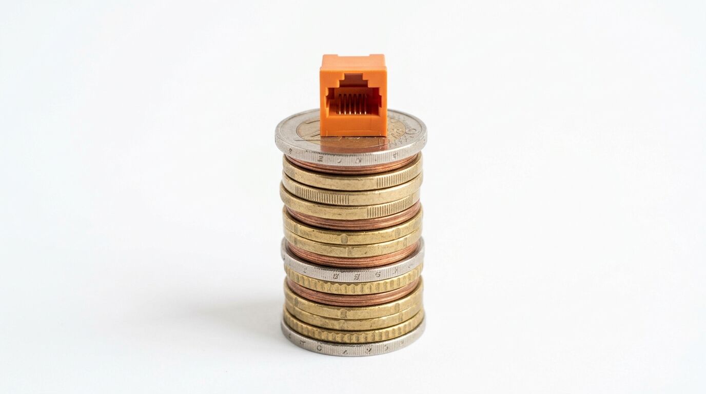 Orangefarbener Ethernet-Anschluss oben auf einem Stapel Euro-Münzen auf weißem Hintergrund