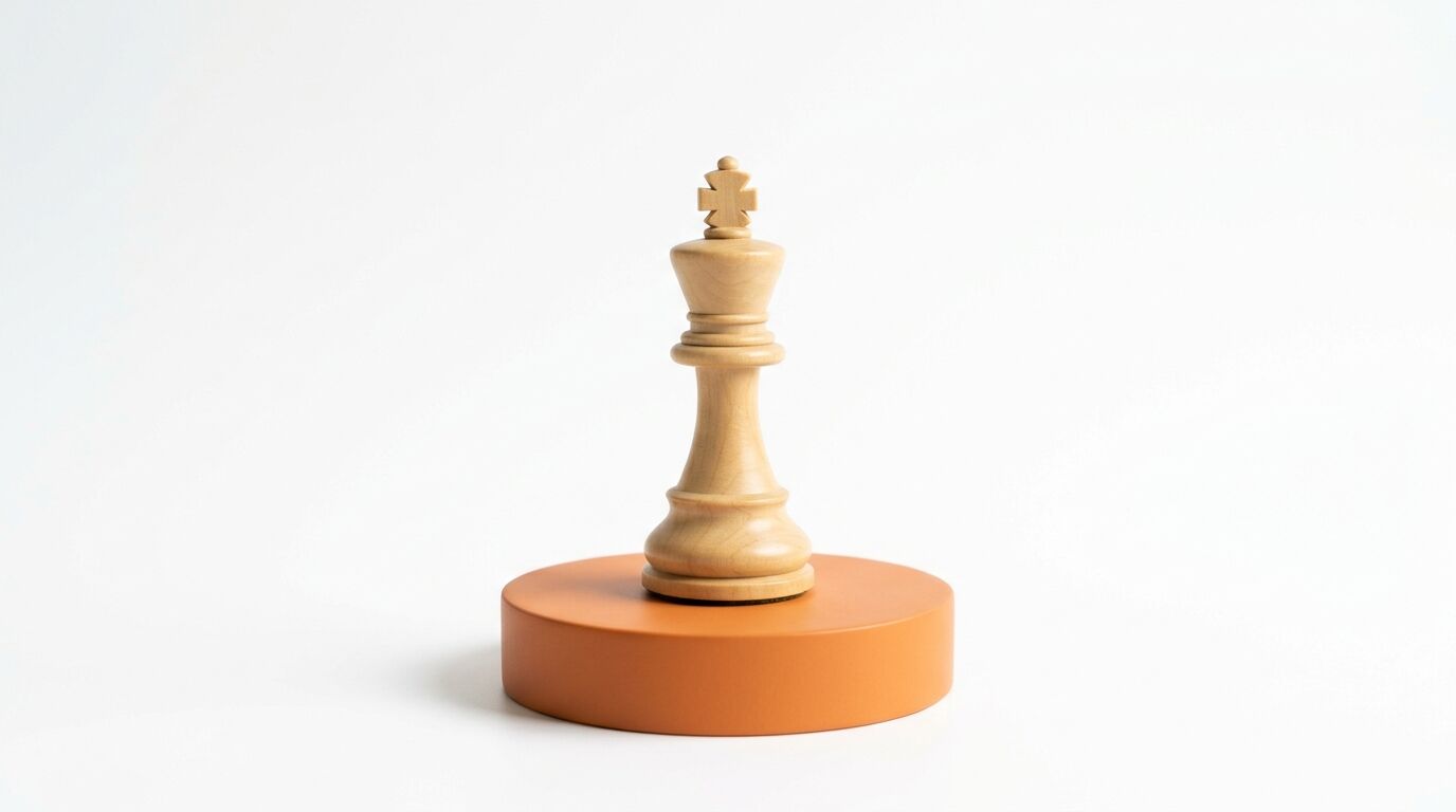 Ein hölzerner Schachkönig steht zentriert auf einem runden, orangefarbenen Podest vor weißem Hintergrund