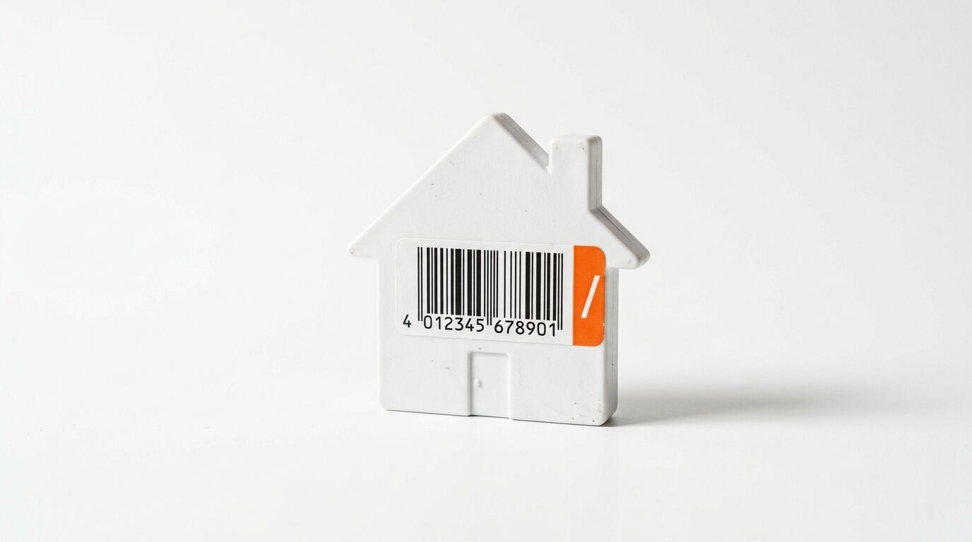 Ein weißes Spielzeughaus mit einem Barcode vor weißem Hintergrund